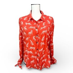 Anthropologie Margaret Jeane Ladies Orange Button Down Shirt with Tiger Design